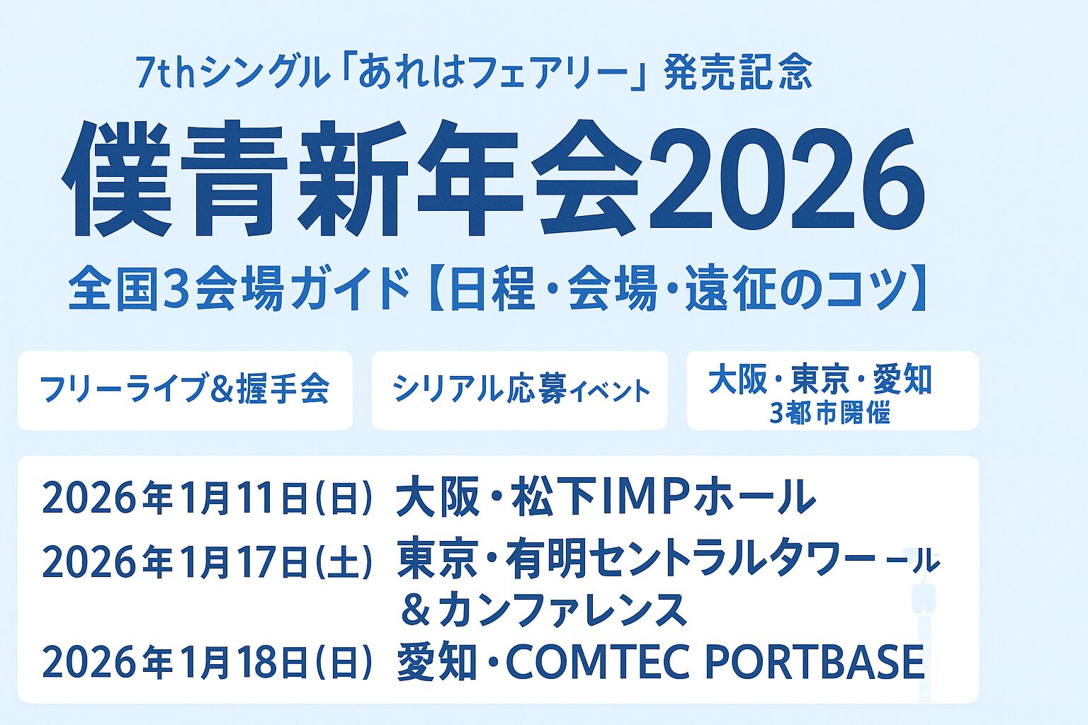 僕青新年会2026|7thシングル「あれはフェアリー」発売記念 全国3会場ガイド【日程・会場・遠征のコツ】