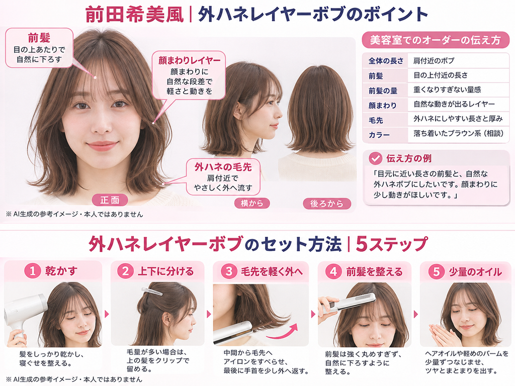 前髪あり外ハネレイヤーボブの特徴と美容室でのオーダー方法、自宅でのセット5ステップを示したAI生成の参考図